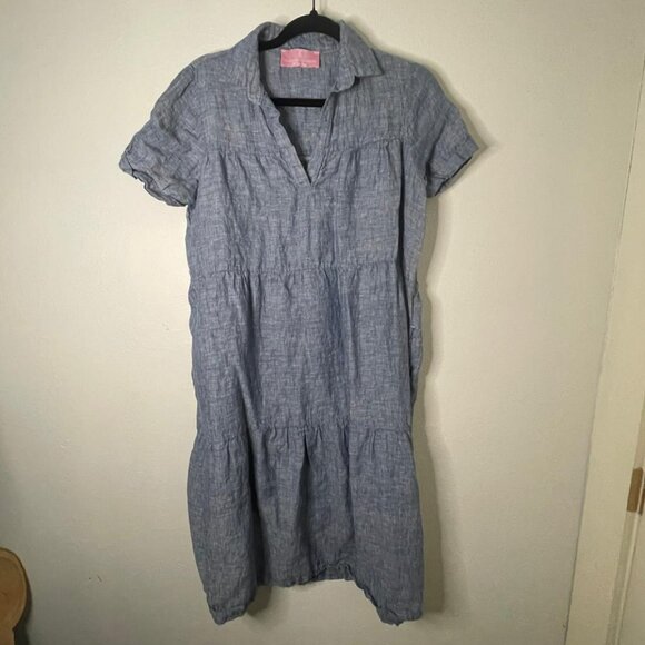 Clorinda Antinori Italian 100% Linen Maxi Dress Denim Blue XS Tiered Ruffle - Picture 2 of 10